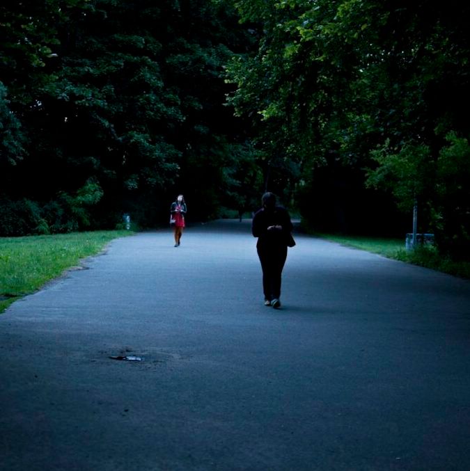 Zwei Personen laufen in der Dämmerung unter Bäumen auf einem Weg.